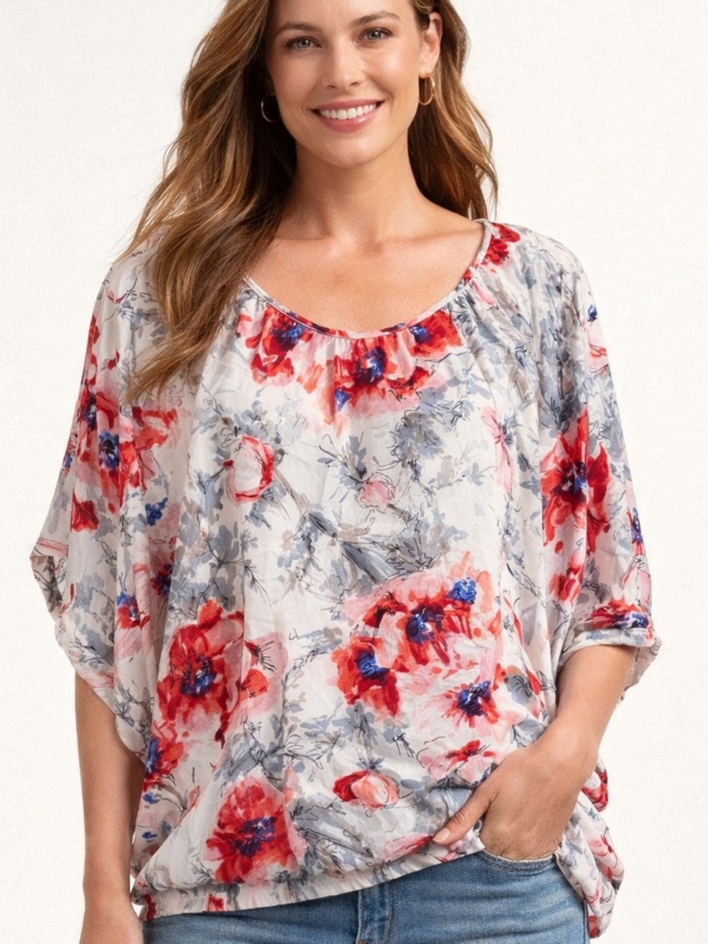 Cabi #399 Women’s Size S Poppy Blouse 100% Silk Floral Dolman Sleeve Top White